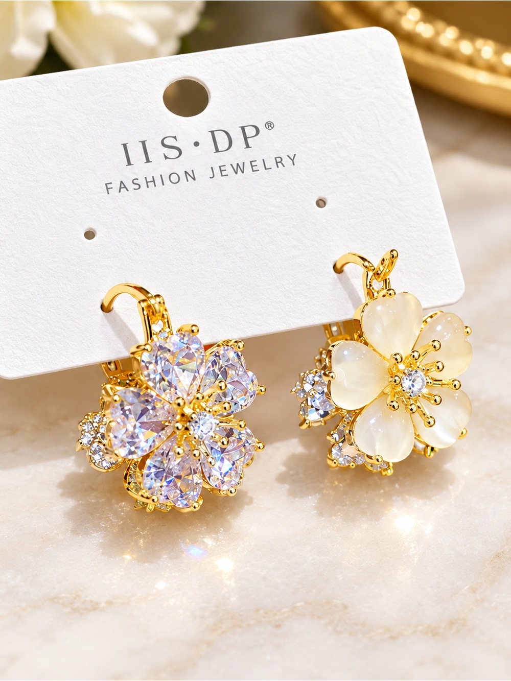 Gold Floral Drop Earrings with White and Iridescent Petals